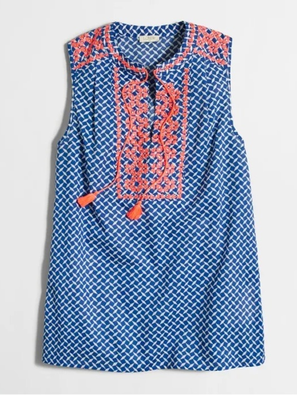 J. Crew Blue Geo Tunic with Coral Embroidered Yoke